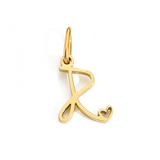 Image de 2 Pcs Breloques en 304 Acier Inoxydable Revêtement sous Vide PVD Respectueux de l'Environnement Alphabet Majuscule Lettre Initiale Plaqué Or 14K Cœur Gravé Mots" R " avec Anneaux 10mm Dia.