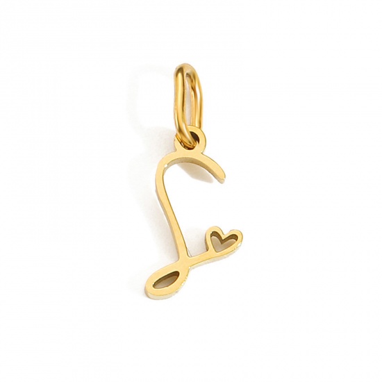 Image de 2 Pcs Breloques en 304 Acier Inoxydable Revêtement sous Vide PVD Respectueux de l'Environnement Alphabet Majuscule Lettre Initiale Plaqué Or 14K Cœur Gravé Mots" S " avec Anneaux 10mm Dia.