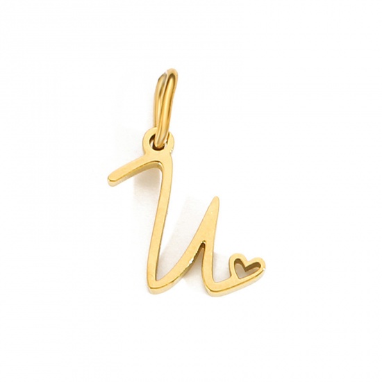 Image de 2 Pcs Breloques en 304 Acier Inoxydable Revêtement sous Vide PVD Respectueux de l'Environnement Alphabet Majuscule Lettre Initiale Plaqué Or 14K Cœur Gravé Mots" U " avec Anneaux 10mm Dia.