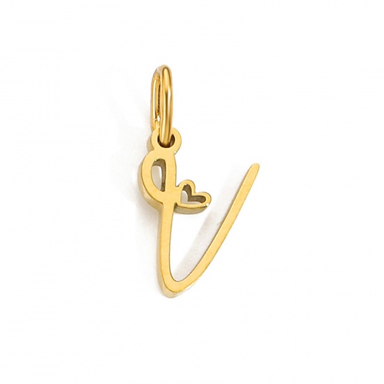 Image de 2 Pcs Breloques en 304 Acier Inoxydable Revêtement sous Vide PVD Respectueux de l'Environnement Alphabet Majuscule Lettre Initiale Plaqué Or 14K Cœur Gravé Mots" V " avec Anneaux 10mm Dia.