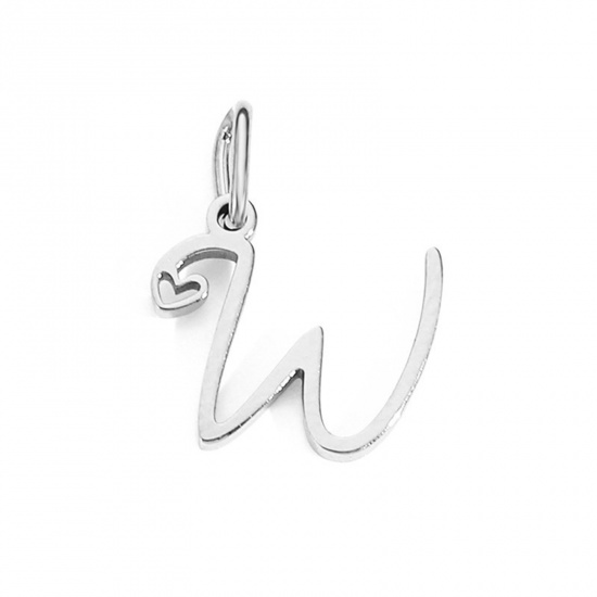 Image de 2 Pcs Breloques en 304 Acier Inoxydable Argent Mat Alphabet Majuscule Lettre Initiale Cœur Gravé Mots " W " avec Anneaux 10mm Dia.