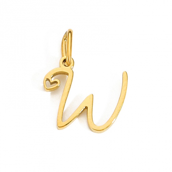 Image de 2 Pcs Breloques en 304 Acier Inoxydable Revêtement sous Vide PVD Respectueux de l'Environnement Alphabet Majuscule Lettre Initiale Plaqué Or 14K Cœur Gravé Mots" W " avec Anneaux 10mm Dia.