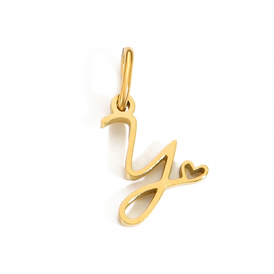 Image de 2 Pcs Breloques en 304 Acier Inoxydable Revêtement sous Vide PVD Respectueux de l'Environnement Alphabet Majuscule Lettre Initiale Plaqué Or 14K Cœur Gravé Mots" Y " avec Anneaux 10mm Dia.