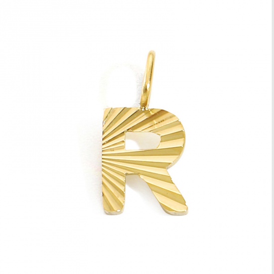 Image de 1 Pièce Breloques en 304 Acier Inoxydable Revêtement sous Vide PVD Respectueux de l'Environnement Alphabet Majuscule Lettre Initiale Plaqué Or 14K Rayées Gravé Mots" R " 10mm Dia.