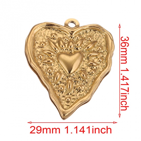 Bild von 304 Edelstahl Charms Herz 18K Gold Geschnitzte Muster 29mm x 36mm, 1 Stück