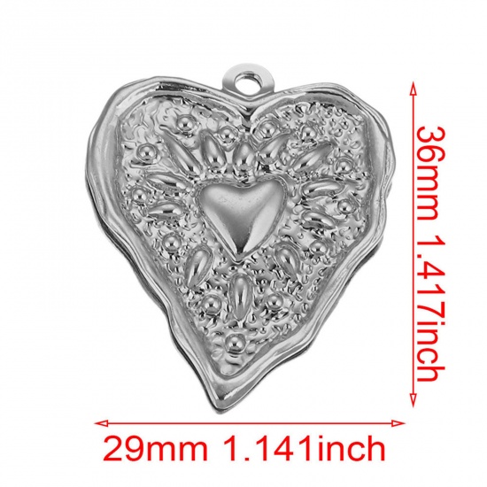 Bild von 304 Edelstahl Charms Herz Silberfarbe Geschnitzte Muster 29mm x 36mm, 1 Stück
