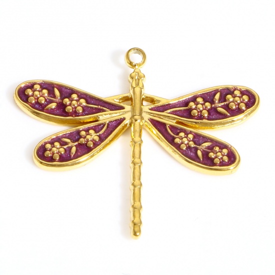 Picture of 304 Stainless Steel Insect Charms 18K Gold Color Purple Dragonfly Animal Flower Enamel 26.5mm x 23.5mm, 1 Piece