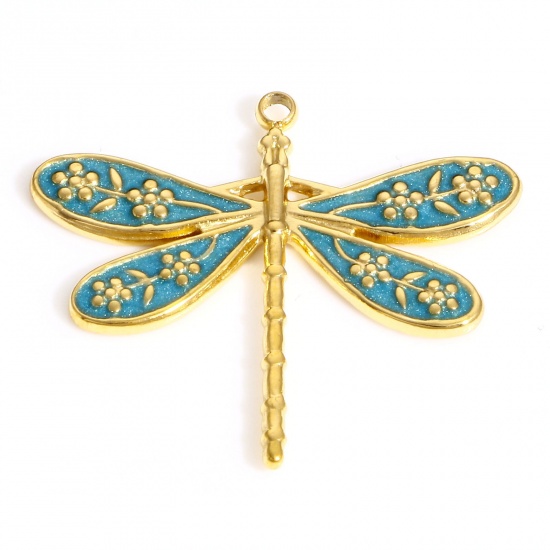 Picture of 304 Stainless Steel Insect Charms 18K Gold Color Green Blue Dragonfly Animal Flower Enamel 26.5mm x 23.5mm, 1 Piece
