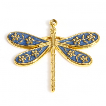 Picture of 304 Stainless Steel Insect Charms 18K Gold Color Multicolor Dragonfly Animal Butterfly Enamel