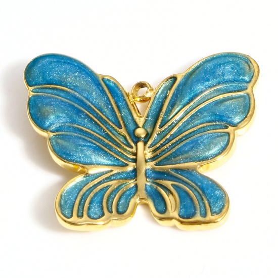 Picture of 304 Stainless Steel Insect Charms 18K Gold Color Blue Butterfly Animal Enamel 24mm x 20mm, 1 Piece