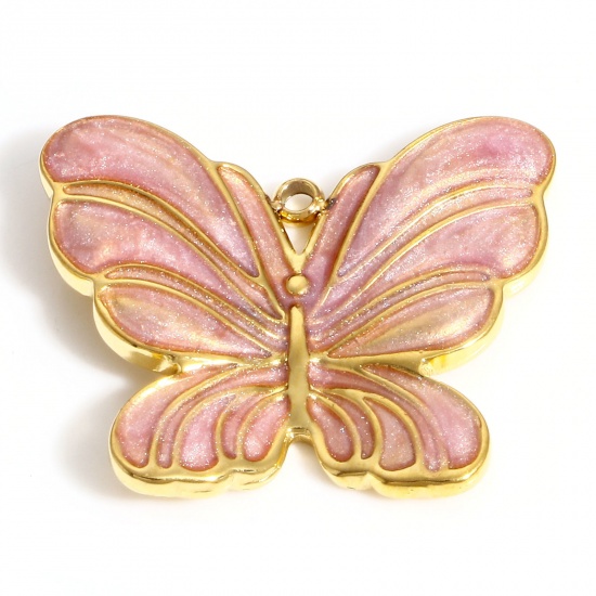 Picture of 304 Stainless Steel Insect Charms 18K Gold Color Pink Butterfly Animal Enamel 24mm x 20mm, 1 Piece