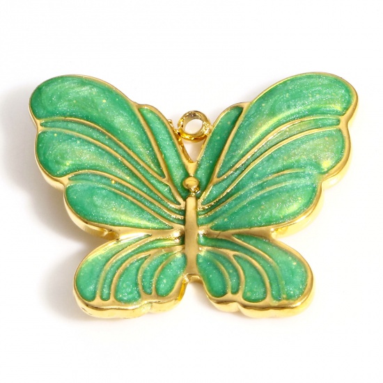 Imagen de 304 Acero Inoxidable Insecto Colgantes Charms Mariposa Color Oro de 18K Verde Esmalte 24mm x 20mm, 1 Unidad