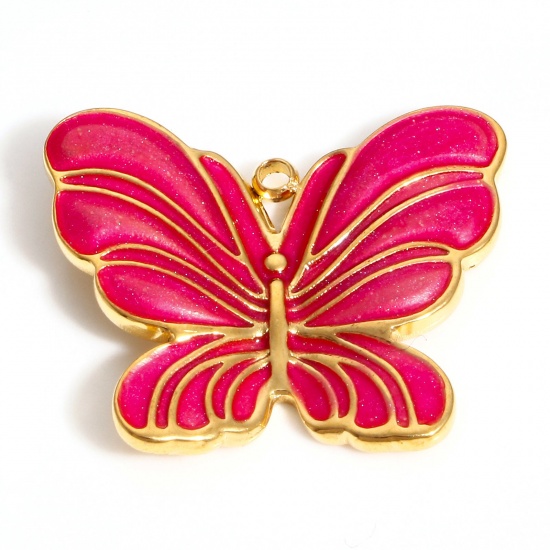Imagen de 304 Acero Inoxidable Insecto Colgantes Charms Mariposa Color Oro de 18K Fucsia Esmalte 24mm x 20mm, 1 Unidad
