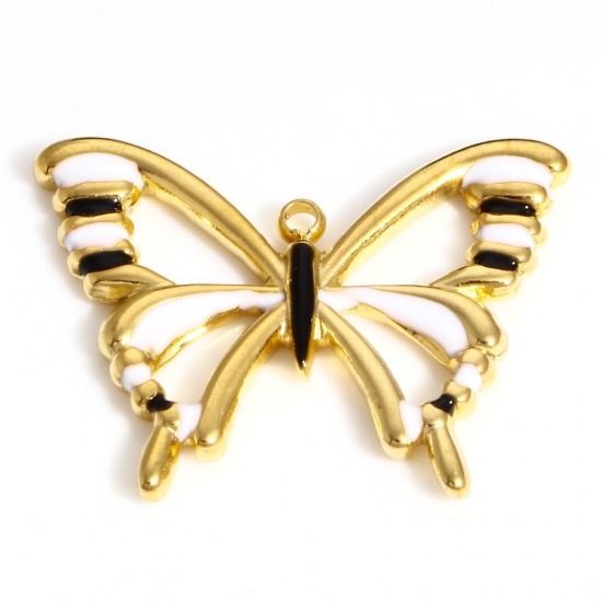 Imagen de 304 Acero Inoxidable Insecto Colgantes Charms Mariposa Color Oro de 18K Negro & Blanco Esmalte 25mm x 20mm, 1 Unidad