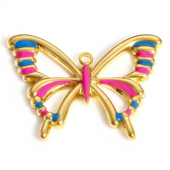 Picture of 304 Stainless Steel Insect Charms 18K Gold Color Blue & Pink Butterfly Animal Enamel 25mm x 20mm, 1 Piece