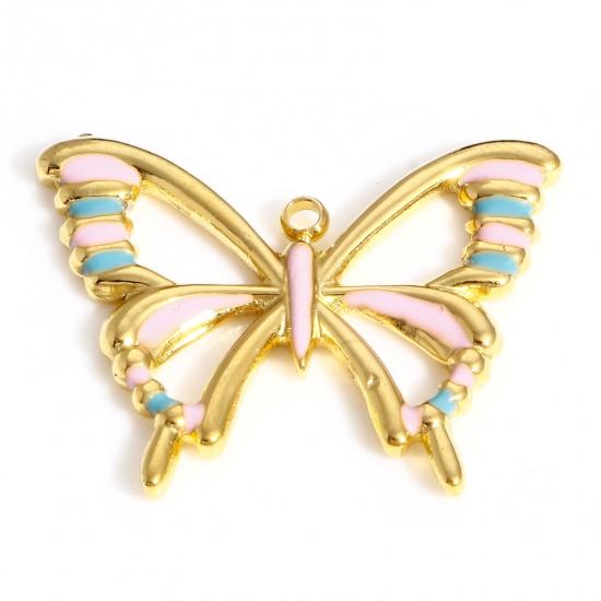 Picture of 304 Stainless Steel Insect Charms 18K Gold Color Multicolor Butterfly Animal Enamel 25mm x 20mm, 1 Piece
