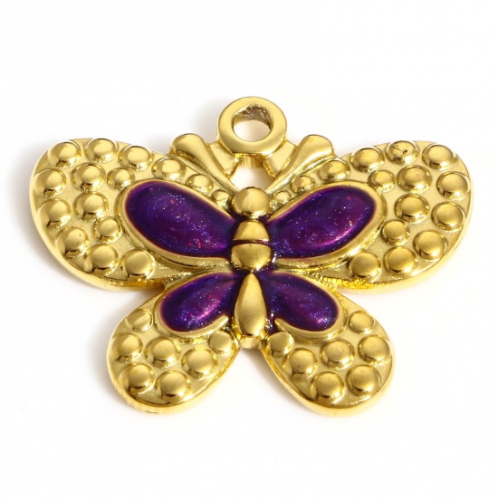 Picture of 304 Stainless Steel Insect Charms 18K Gold Color Purple Butterfly Animal Enamel 24mm x 20mm, 1 Piece