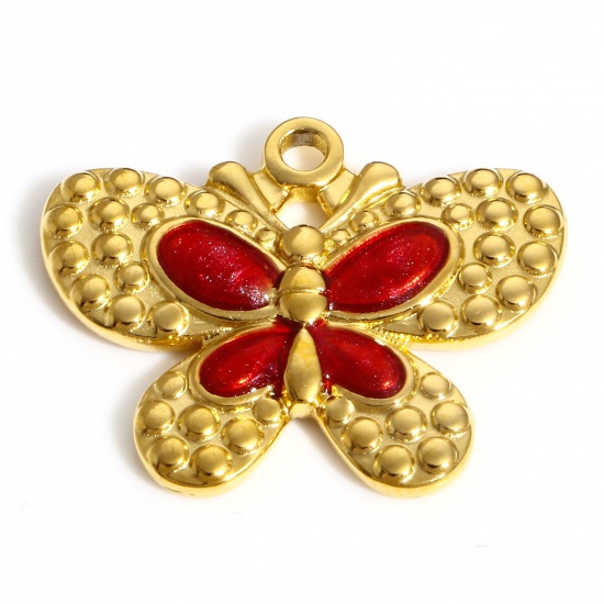 Picture of 304 Stainless Steel Insect Charms 18K Gold Color Red Butterfly Animal Enamel 24mm x 20mm, 1 Piece