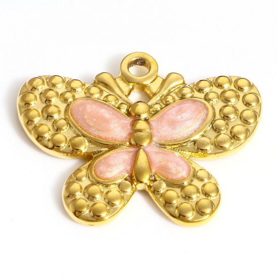 Picture of 304 Stainless Steel Insect Charms 18K Gold Color Pink Butterfly Animal Enamel 24mm x 20mm, 1 Piece