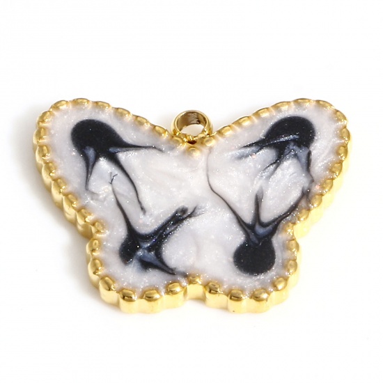 Picture of 304 Stainless Steel Insect Charms 18K Gold Color Black & White Butterfly Animal Enamel 18mm x 14mm, 1 Piece