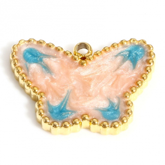 Picture of 304 Stainless Steel Insect Charms 18K Gold Color Blue & Pink Butterfly Animal Enamel 18mm x 14mm, 1 Piece