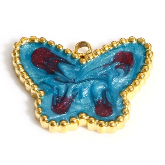 Picture of 304 Stainless Steel Insect Charms 18K Gold Color Red & Blue Butterfly Animal Enamel 18mm x 14mm, 1 Piece