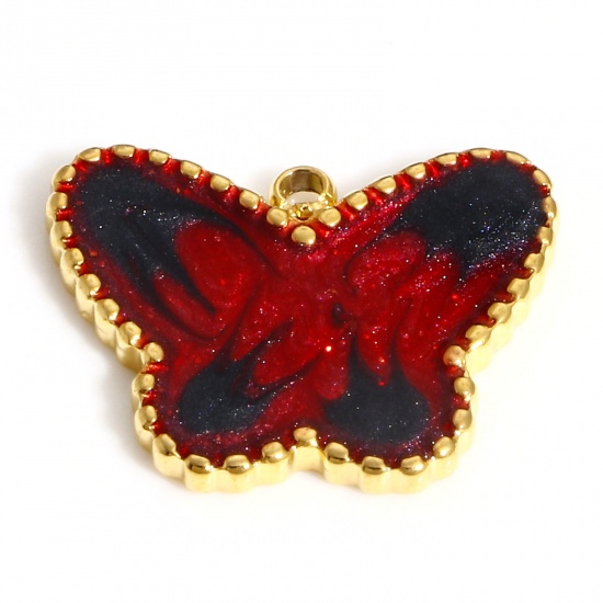 Bild von 304 Edelstahl Insekt Charms Schmetterling 18K Gold Schwarz & Rot Emaille 18mm x 14mm, 1 Stück
