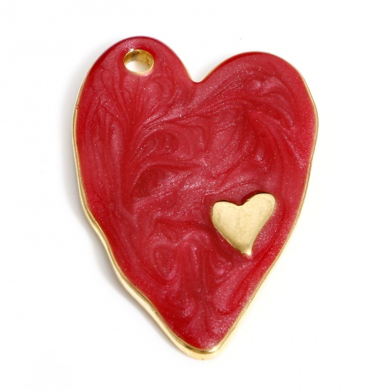 Imagen de 304 Acero Inoxidable día de San Valentín Colgantes Corazón Chapado en Oro Rojo Esmalte 36mm x 24mm, 1 Unidad