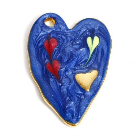 Picture of 304 Stainless Steel Valentine's Day Pendants Gold Plated Blue Heart Enamel 36mm x 24mm, 1 Piece