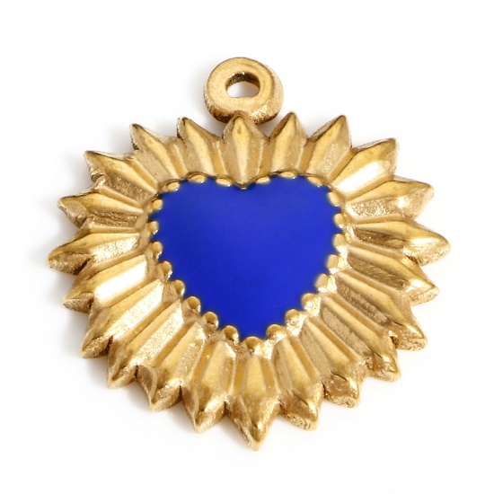 Imagen de 304 Acero Inoxidable día de San Valentín Colgantes Charms Corazón Chapado en Oro Azul Oscuro Esmalte 23mm x 20mm, 1 Unidad
