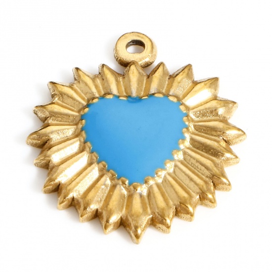 Immagine di 304 Acciaio Inossidabile San Valentino Charms Cuore Oro Placcato Blu Smalto 23mm x 20mm, 1 Pz