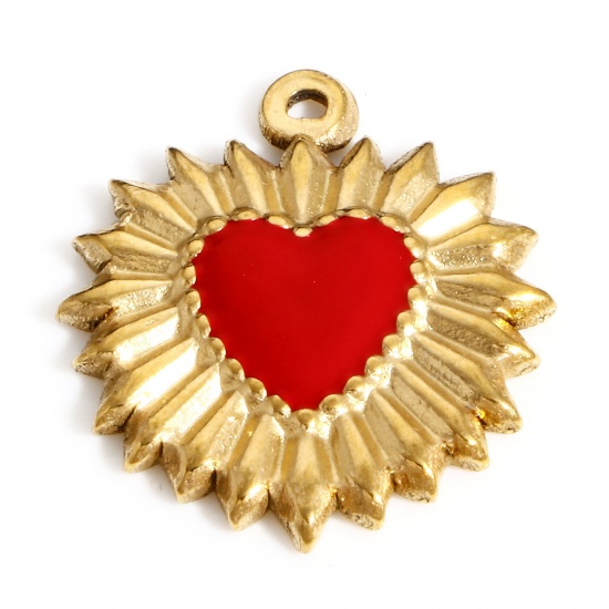Imagen de 304 Acero Inoxidable día de San Valentín Colgantes Charms Corazón Chapado en Oro Rojo Esmalte 23mm x 20mm, 1 Unidad