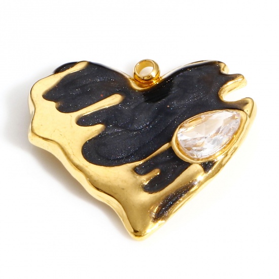 Imagen de 304 Acero Inoxidable día de San Valentín Colgantes Charms Corazón Chapado en Oro Negro Gota Esmalte Transparente Rhinestone 19.5mm x 18.5mm, 1 Unidad