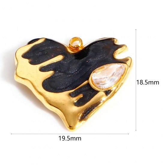 Picture of 304 Stainless Steel Valentine's Day Charms Gold Plated Black Heart Drop Enamel Clear Rhinestone 19.5mm x 18.5mm, 1 Piece