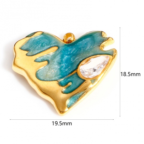 Picture of 304 Stainless Steel Valentine's Day Charms Gold Plated Green Heart Drop Enamel Clear Rhinestone 19.5mm x 18.5mm, 1 Piece