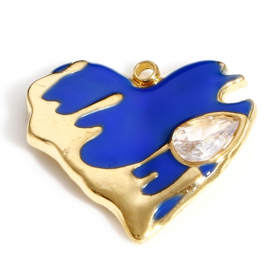 Imagen de 304 Acero Inoxidable día de San Valentín Colgantes Charms Corazón Chapado en Oro Azul Gota Esmalte Transparente Rhinestone 19.5mm x 18.5mm, 1 Unidad