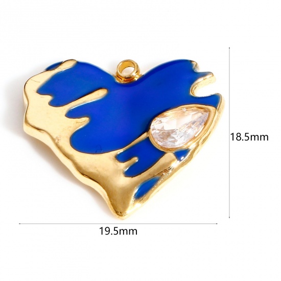 Picture of 304 Stainless Steel Valentine's Day Charms Gold Plated Blue Heart Drop Enamel Clear Rhinestone 19.5mm x 18.5mm, 1 Piece