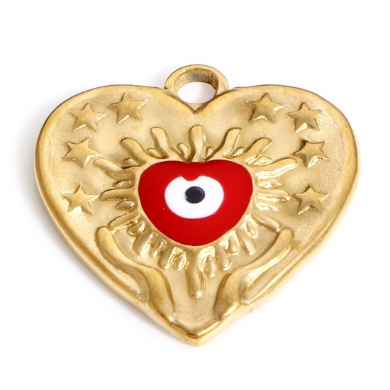 Imagen de 304 Acero Inoxidable día de San Valentín Colgantes Charms Corazón Chapado en Oro Rojo Mal de ojo Esmalte 17.5mm x 17mm, 1 Unidad