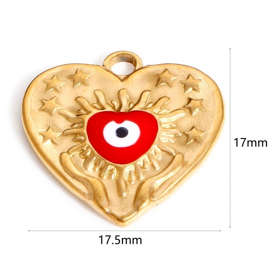 Picture of 304 Stainless Steel Valentine's Day Charms Gold Plated Red Heart Evil Eye Enamel 17.5mm x 17mm, 1 Piece