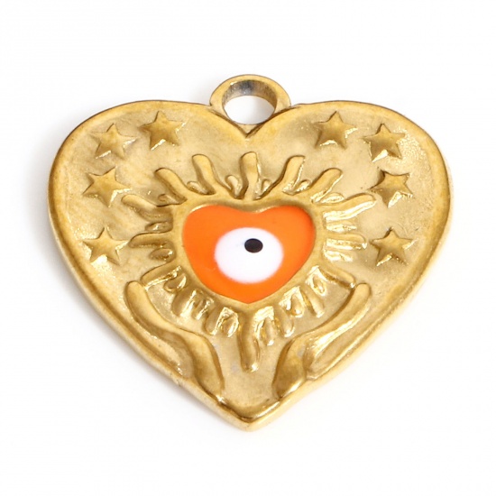 Imagen de 304 Acero Inoxidable día de San Valentín Colgantes Charms Corazón Chapado en Oro Naranja Mal de ojo Esmalte 17.5mm x 17mm, 1 Unidad