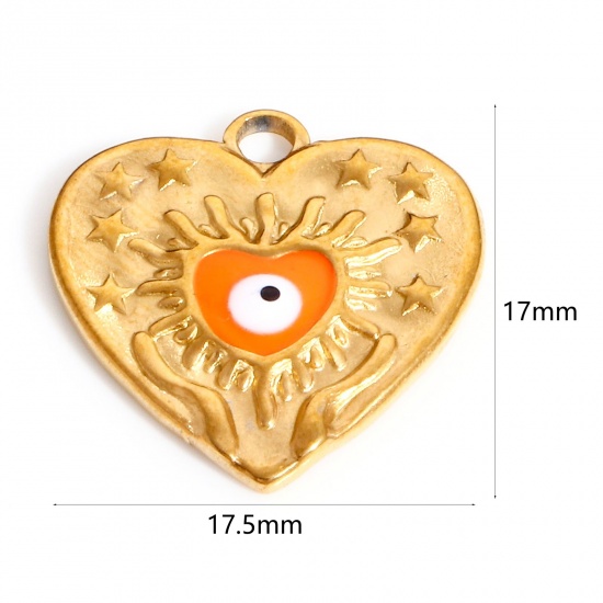 Picture of 304 Stainless Steel Valentine's Day Charms Gold Plated Orange Heart Evil Eye Enamel 17.5mm x 17mm, 1 Piece