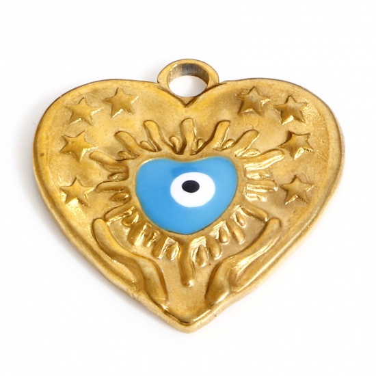 Imagen de 304 Acero Inoxidable día de San Valentín Colgantes Charms Corazón Chapado en Oro Azul Mal de ojo Esmalte 17.5mm x 17mm, 1 Unidad