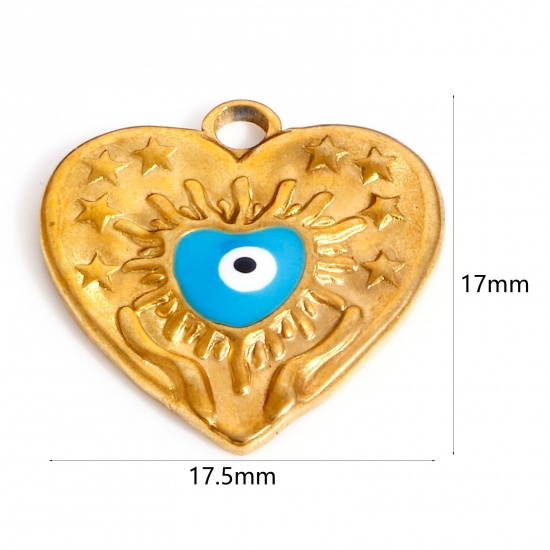 Picture of 304 Stainless Steel Valentine's Day Charms Gold Plated Blue Heart Evil Eye Enamel 17.5mm x 17mm, 1 Piece