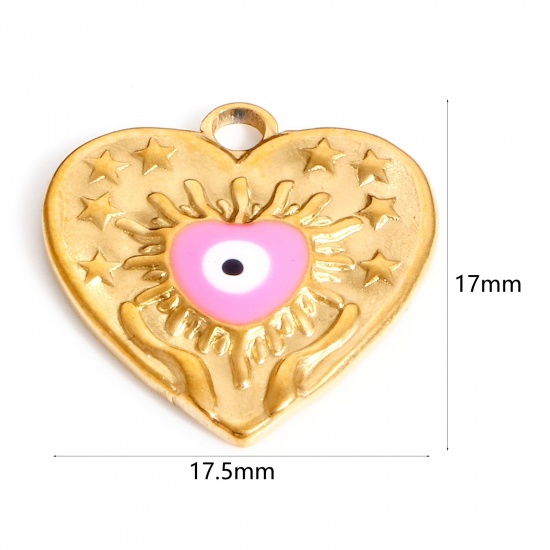 Picture of 304 Stainless Steel Valentine's Day Charms Gold Plated Pink Heart Evil Eye Enamel 17.5mm x 17mm, 1 Piece