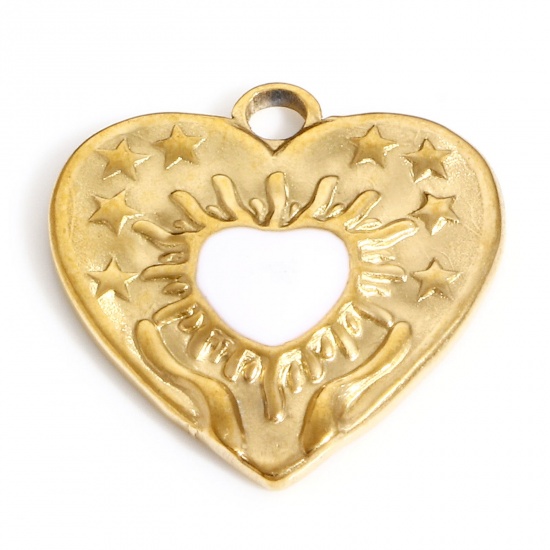 Immagine di 304 Acciaio Inossidabile San Valentino Charms Cuore Oro Placcato Bianco Stella a Cinque Punte Smalto 17.5mm x 17mm, 1 Pz