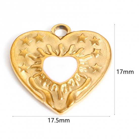 Picture of 304 Stainless Steel Valentine's Day Charms Gold Plated White Heart Pentagram Star Enamel 17.5mm x 17mm, 1 Piece