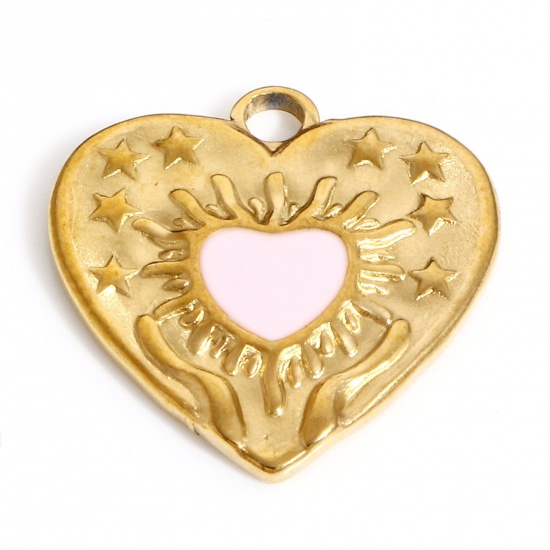 Immagine di 304 Acciaio Inossidabile San Valentino Charms Cuore Oro Placcato Rosa Stella a Cinque Punte Smalto 17.5mm x 17mm, 1 Pz
