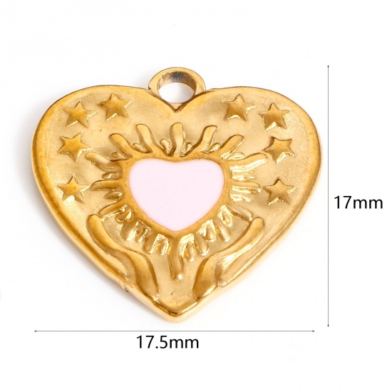 Picture of 304 Stainless Steel Valentine's Day Charms Gold Plated Pink Heart Pentagram Star Enamel 17.5mm x 17mm, 1 Piece