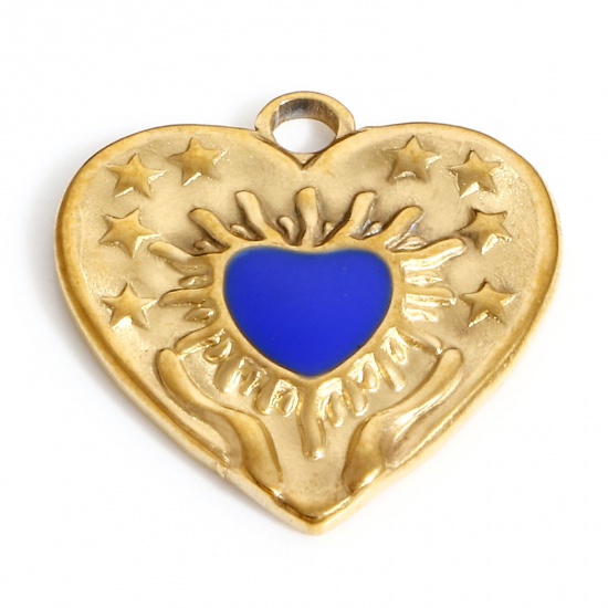 Immagine di 304 Acciaio Inossidabile San Valentino Charms Cuore Oro Placcato Blu Scuro Stella a Cinque Punte Smalto 17.5mm x 17mm, 1 Pz