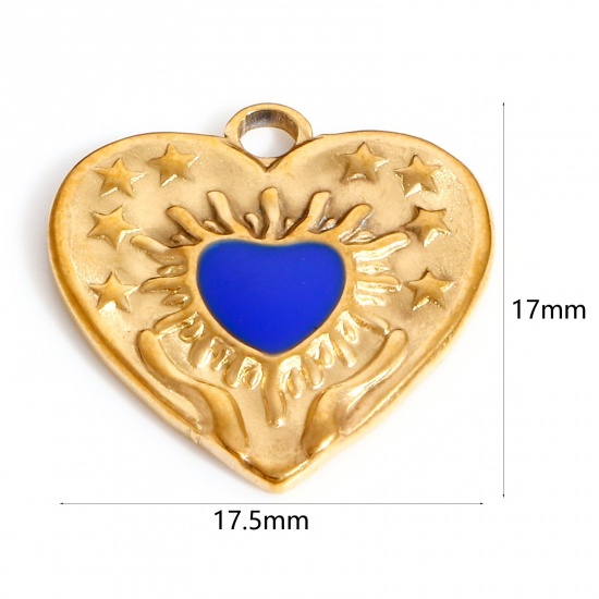 Picture of 304 Stainless Steel Valentine's Day Charms Gold Plated Dark Blue Heart Pentagram Star Enamel 17.5mm x 17mm, 1 Piece